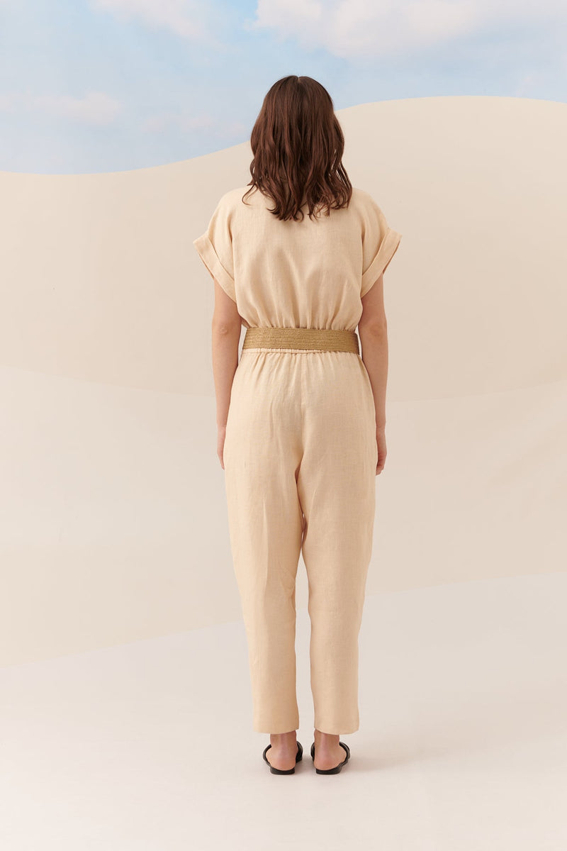 Roman Solid Short Sleeve Jumpsuit Natural