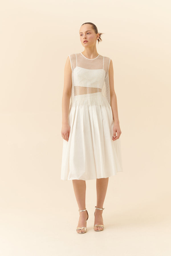 Roman Taffeta Pleated Midi Skirt White