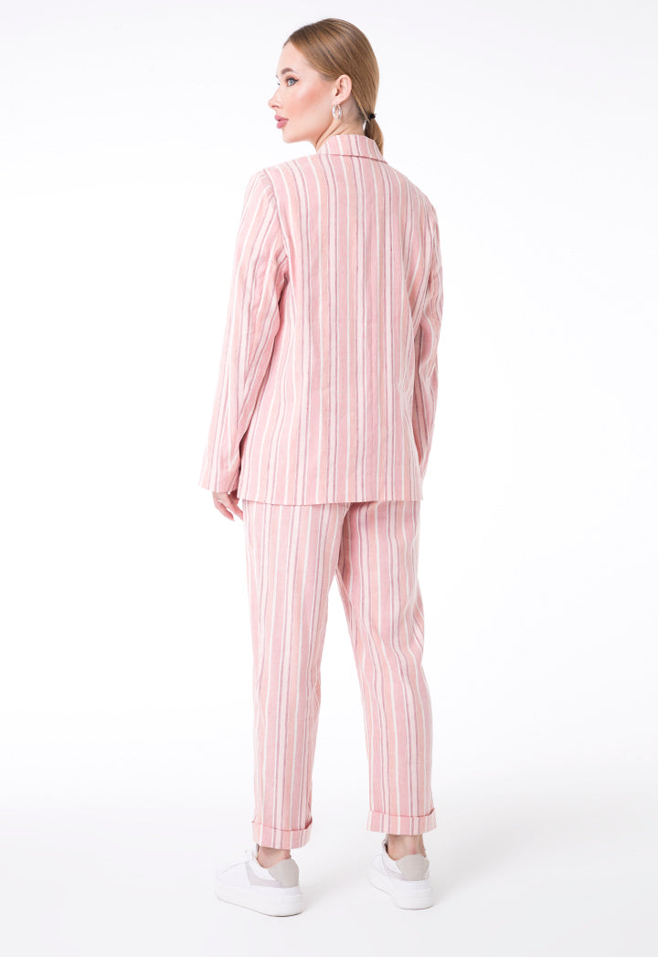 UNQ Linen Striped Notched Collar Single Breasted Jacket PINK