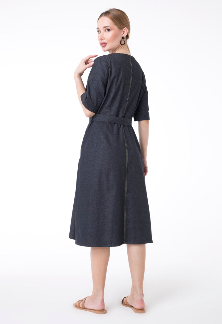 UNQ Denim Short Sleeve Belted A-Line Midi Dress DARK GREY