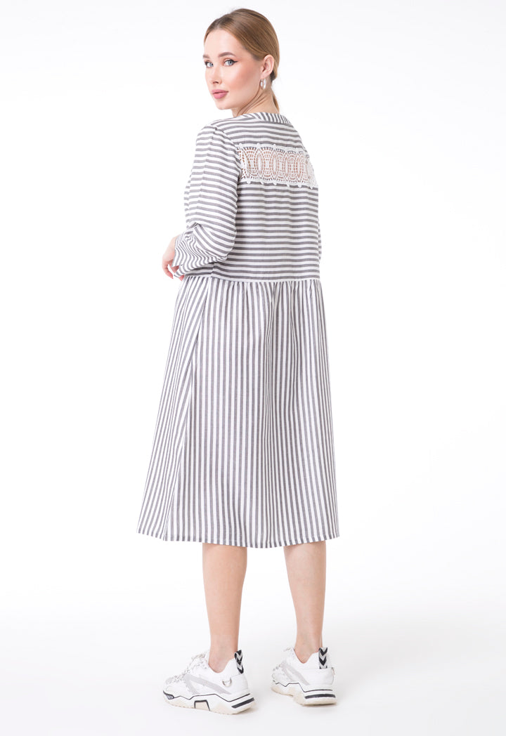 UNQ Striped Long Sleeve A-Line Midi Dress GREY