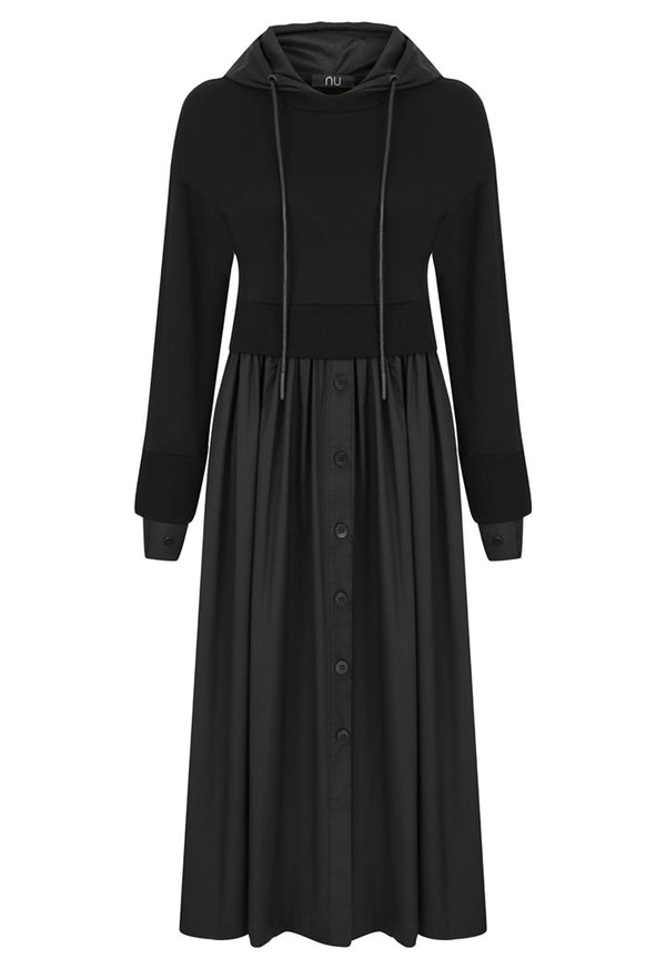 Nu Long Sleeve Pullover Drawstring A-Line Hoodie Dress Black