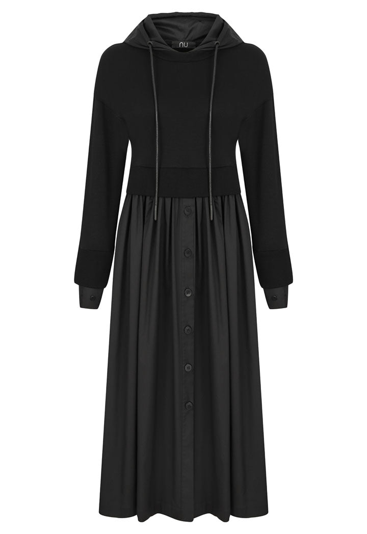 Nu Long Sleeve Pullover Drawstring A-Line Hoodie Dress Black