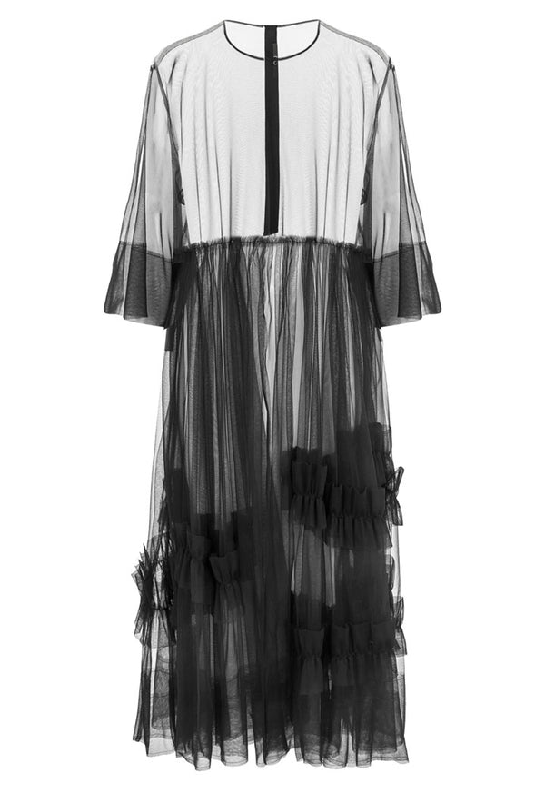 Nu Short Sleeve Organza Overlay A-Line Dress Black