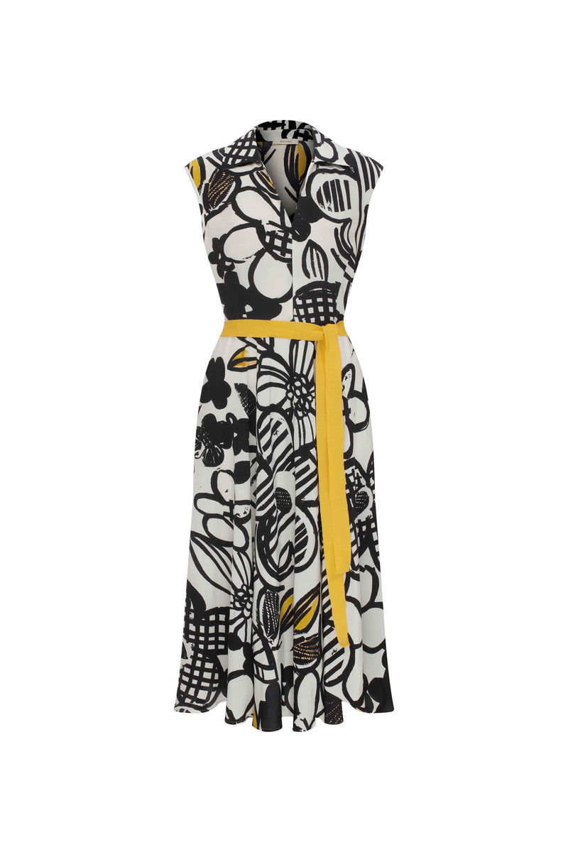 Roman Floral Pattern Belted Midi Dress Multi Color