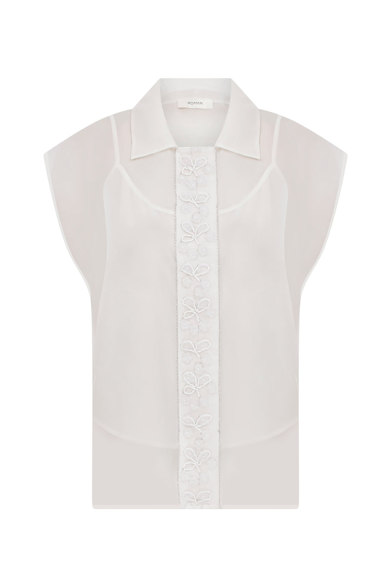 Roman Embellished Detail Sleeveless Shirt White